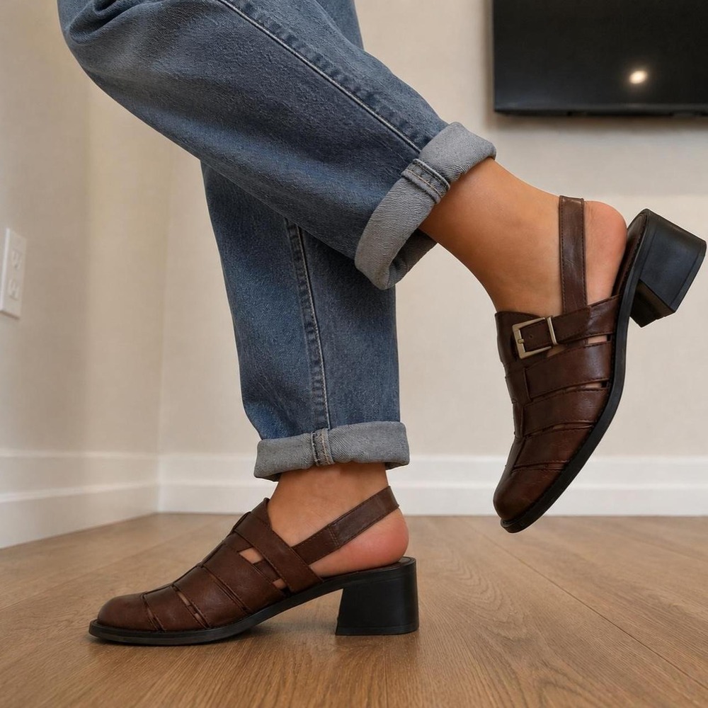 Vintage Brown Leather Slingback Fisherman Sandals Block Heel Women 7 Cottagecore